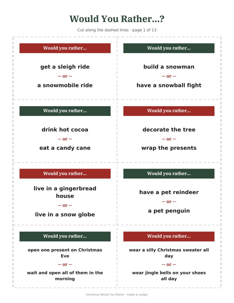 Christmas Would You Rather Cards Printable: cards preview