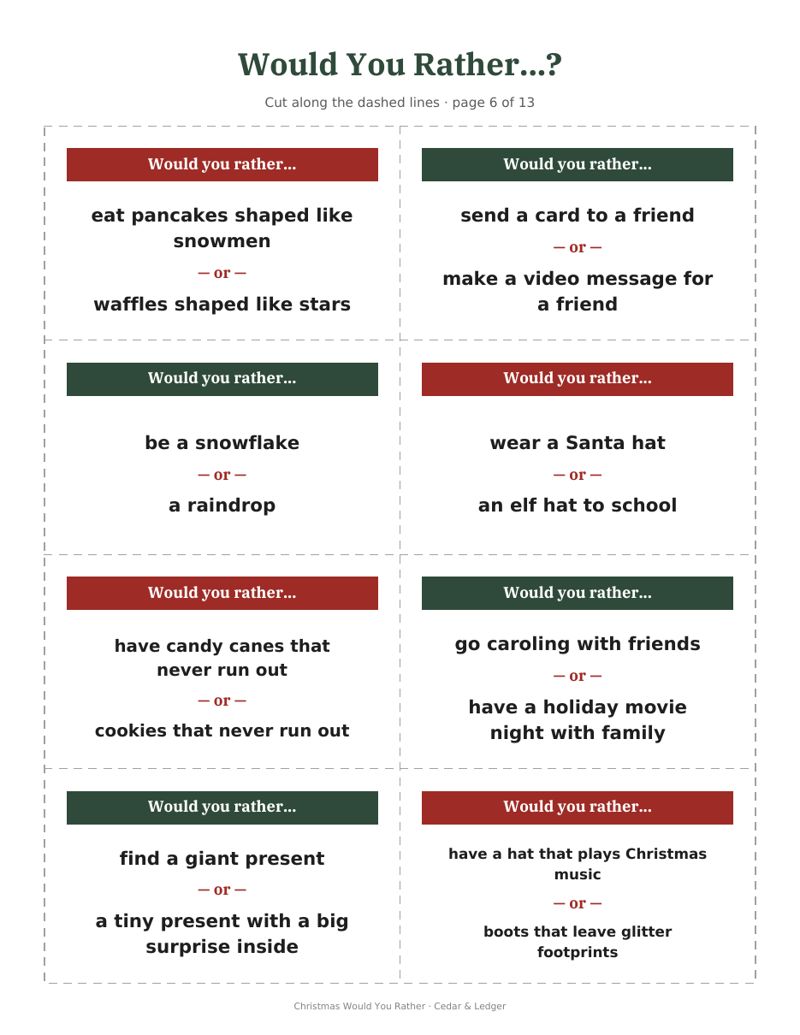 Christmas Would You Rather Cards Printable: cards preview
