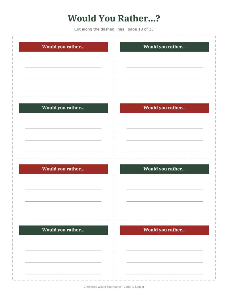 Christmas Would You Rather Cards Printable: blank preview