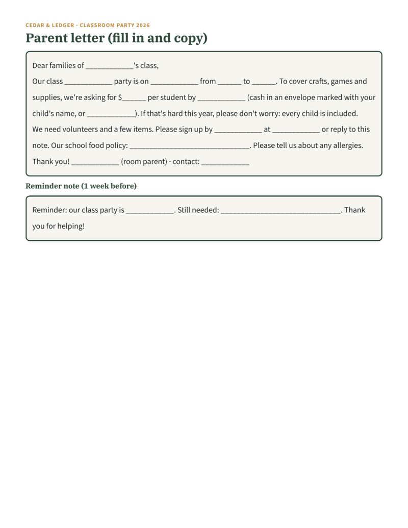 Classroom Holiday Party Planner 2026: letter preview