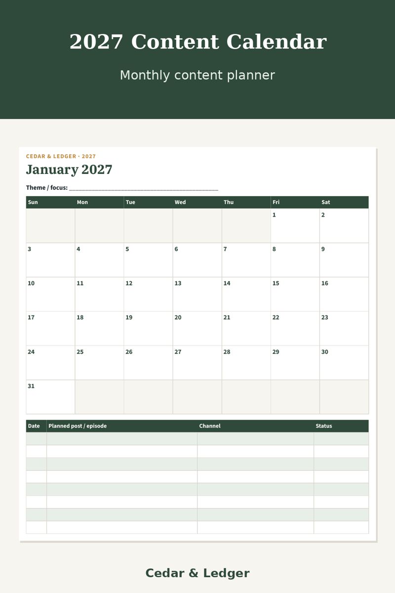2027 Content Calendar Printable: monthly preview