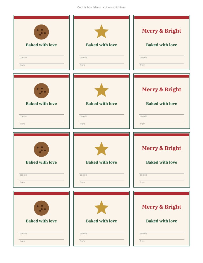 Cookie box and tin labels in 3 styles