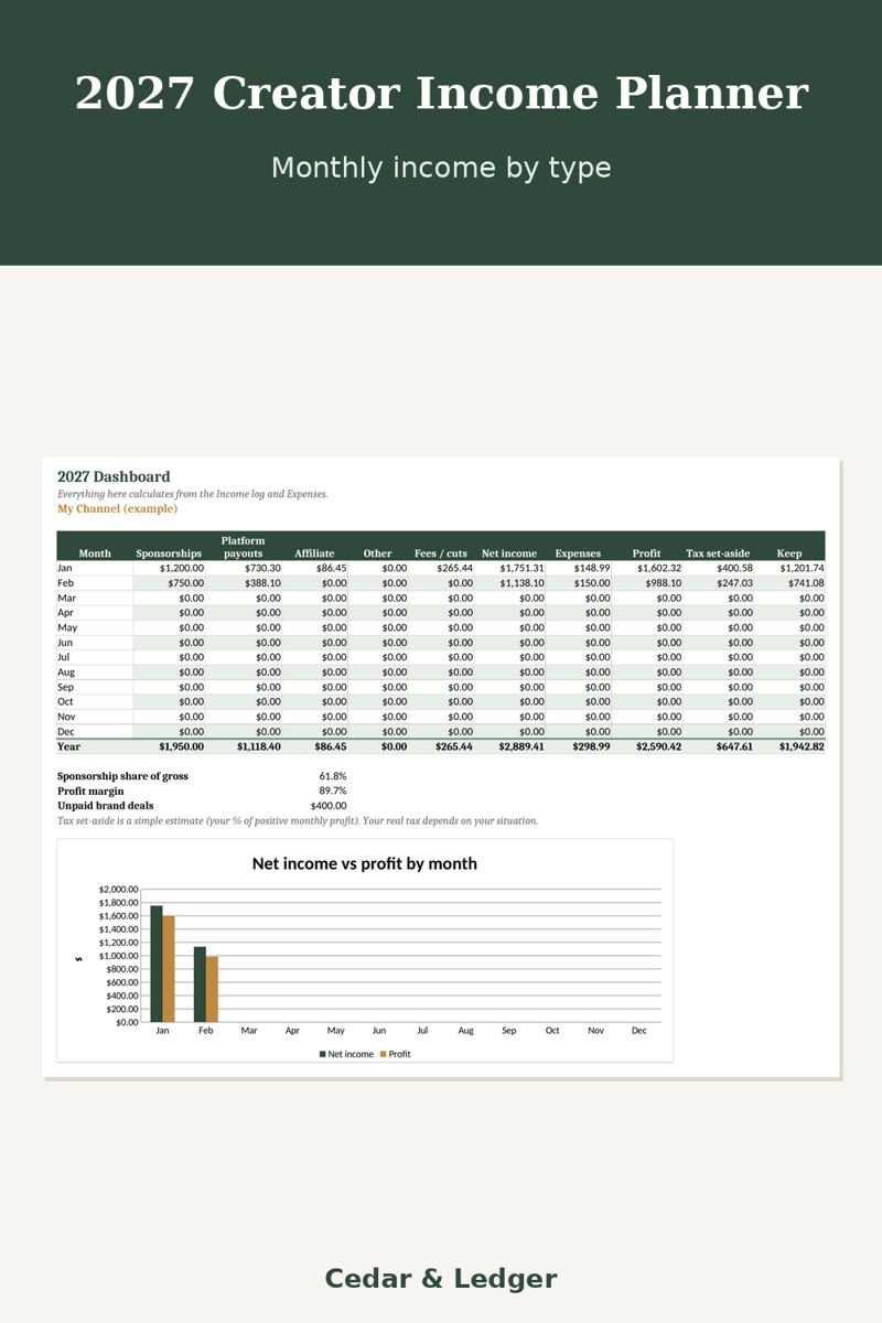 2027 Content Creator Income Planner: monthly preview