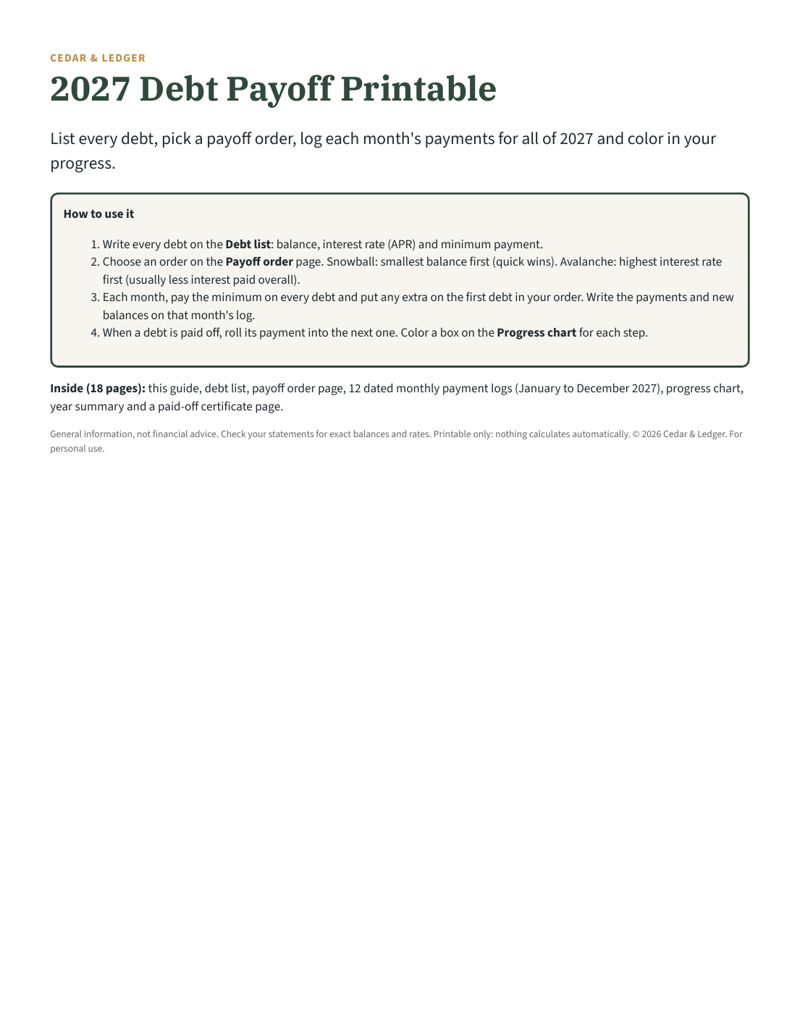 Debt Payoff Planner Printable 2027 (Snowball or Avalanche Tracker): guide preview