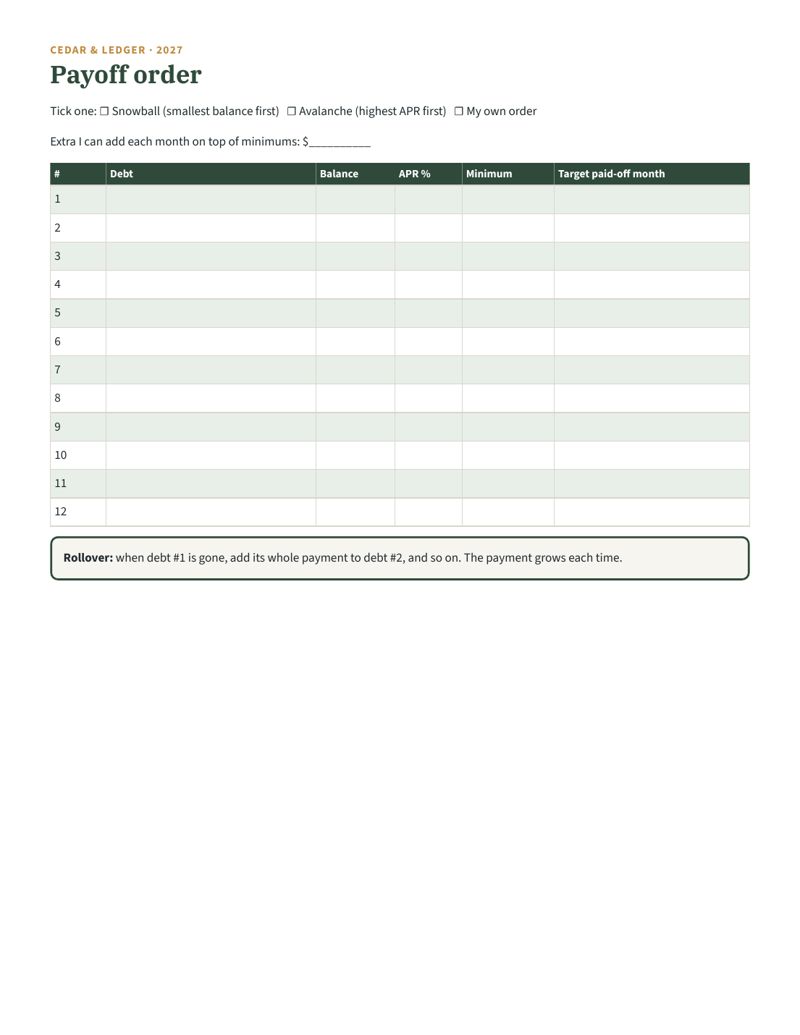 Debt Payoff Planner Printable 2027 (Snowball or Avalanche Tracker): order preview