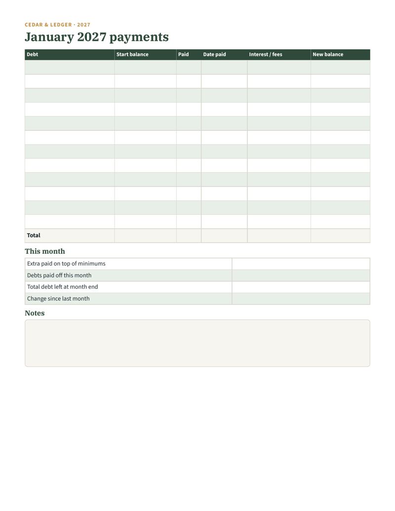 Debt Payoff Planner Printable 2027 (Snowball or Avalanche Tracker): january preview