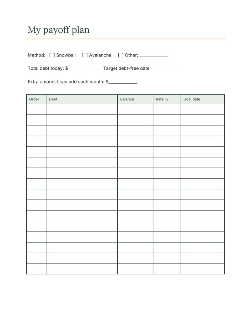 Debt Payoff Log Printable: plan preview