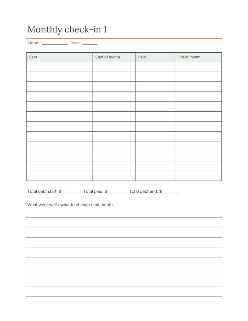 Debt Payoff Log Printable: checkin preview