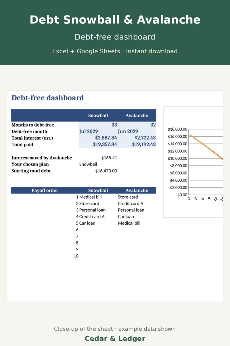 Debt Snowball & Avalanche Planner preview (example data)