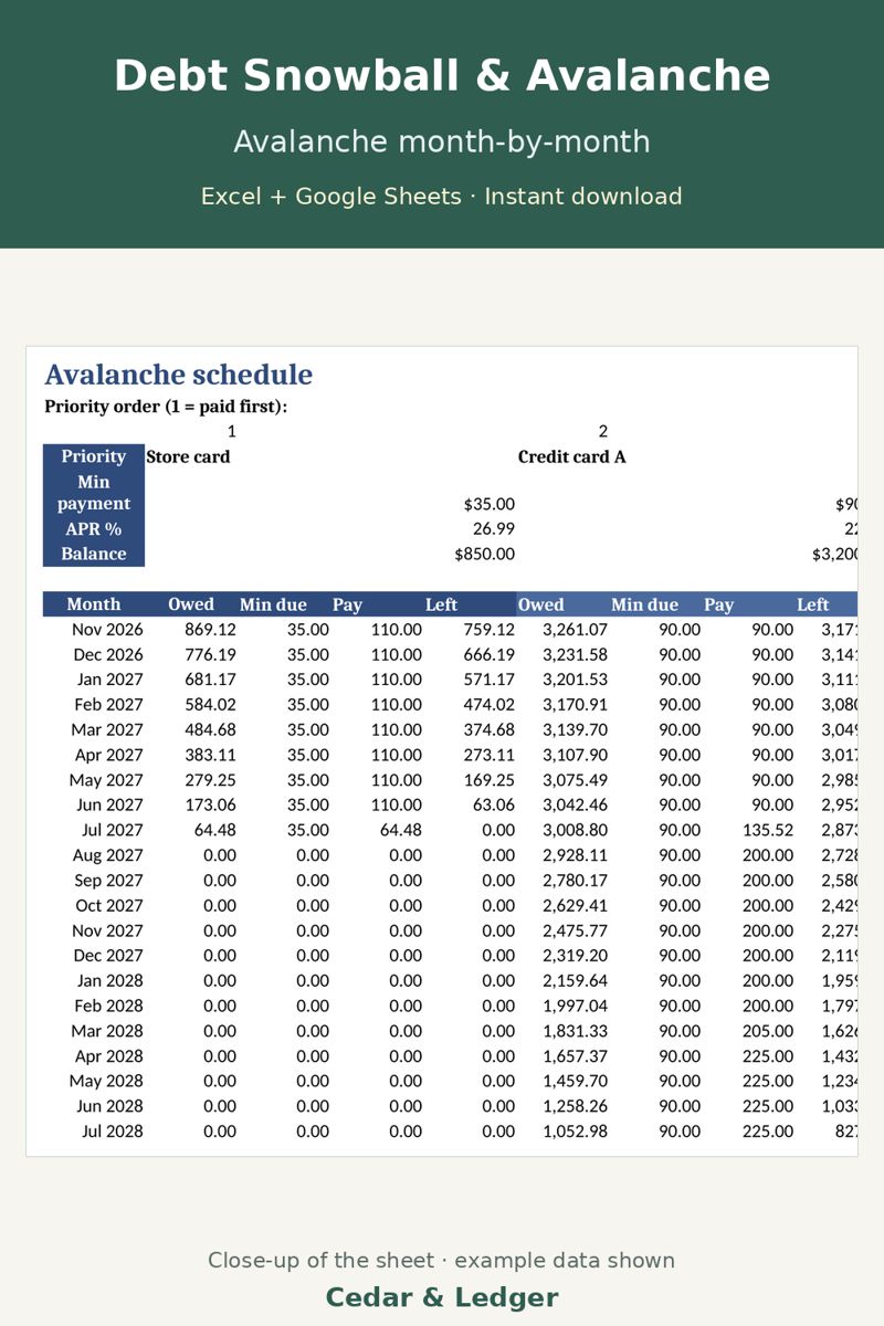 Debt Snowball Spreadsheet and Debt Payoff Calculator (Snowball vs Avalanche): avalanche schedule preview