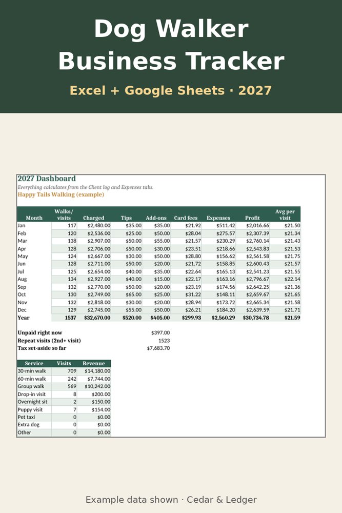 2027 Dog Walker & Pet Sitter Business Tracker: dashboard preview