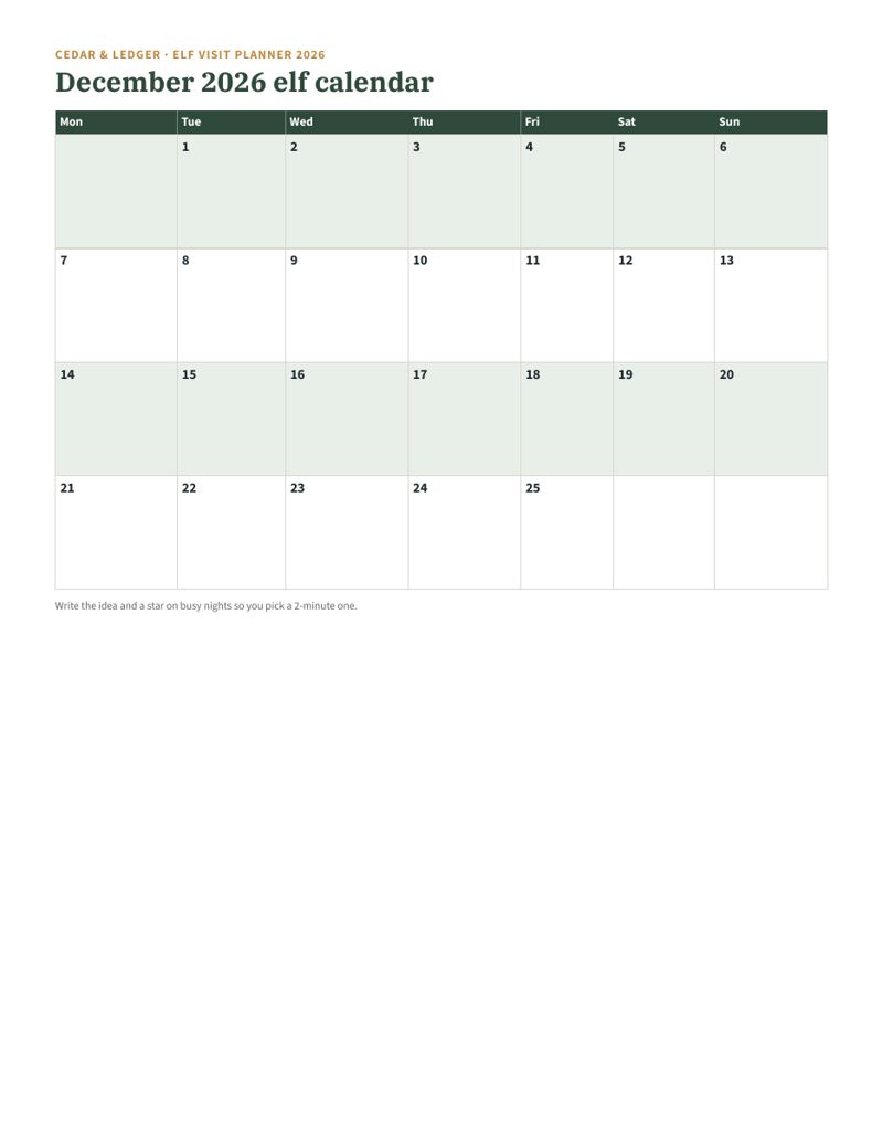 Christmas Elf 25-Day Visit Planner 2026: calendar preview