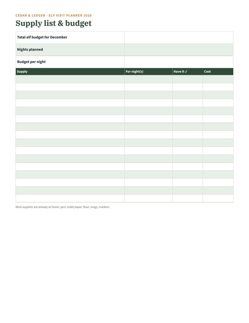 Christmas Elf 25-Day Visit Planner 2026: supplies preview