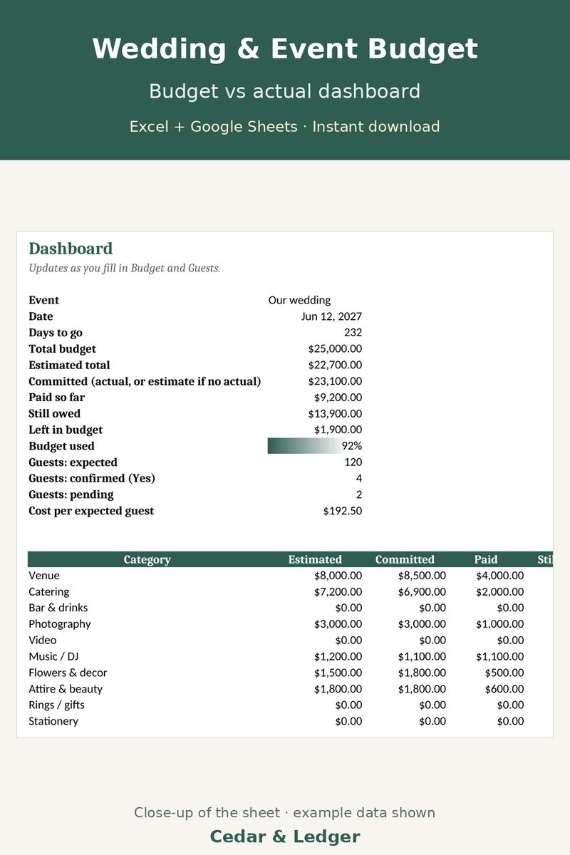 Wedding Budget Planner Spreadsheet preview (example data)