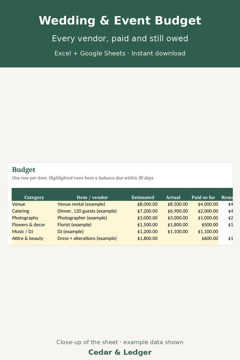 Wedding Budget Planner Spreadsheet | Event Budget, Vendor Payments & Guest List for Excel & Google Sheets: every preview