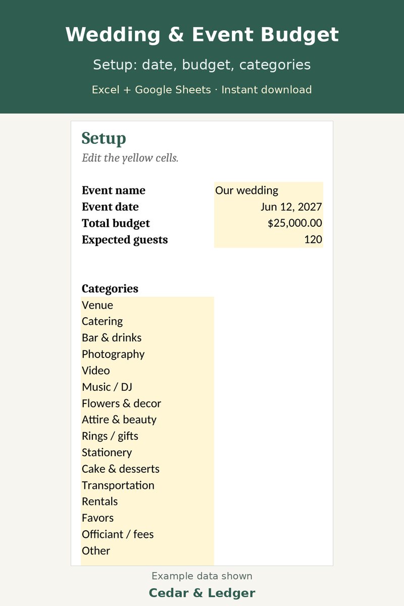 Wedding Budget Planner Spreadsheet | Event Budget, Vendor Payments & Guest List for Excel & Google Sheets: setup preview
