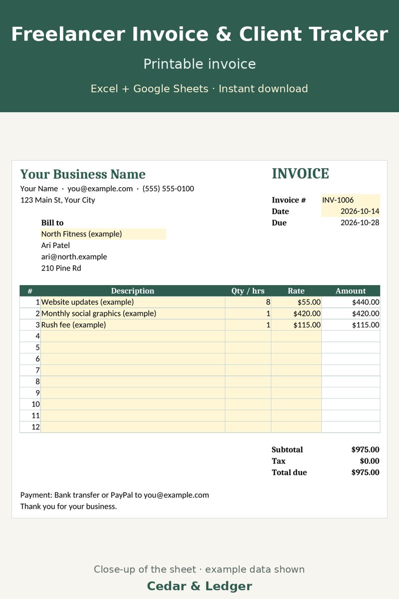 Freelancer Invoice + Client Tracker preview (example data)