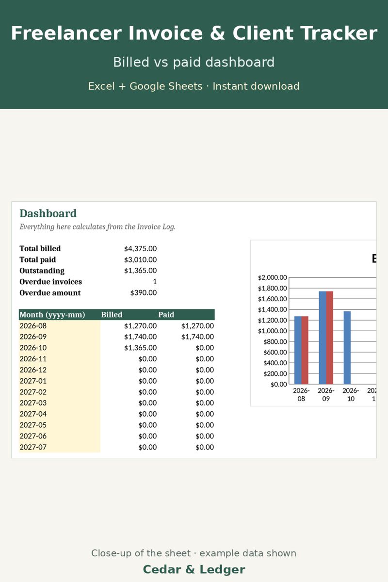 Freelance Invoice Template and Client Payment Tracker Spreadsheet: billed preview