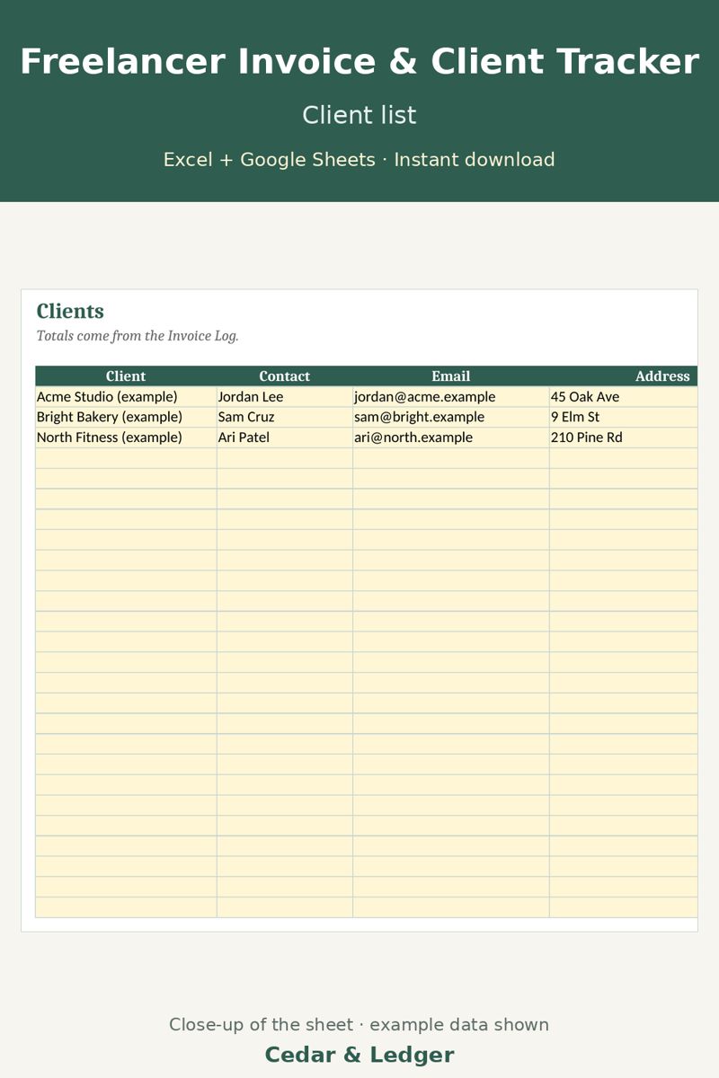 Freelance Invoice Template and Client Payment Tracker Spreadsheet: client preview