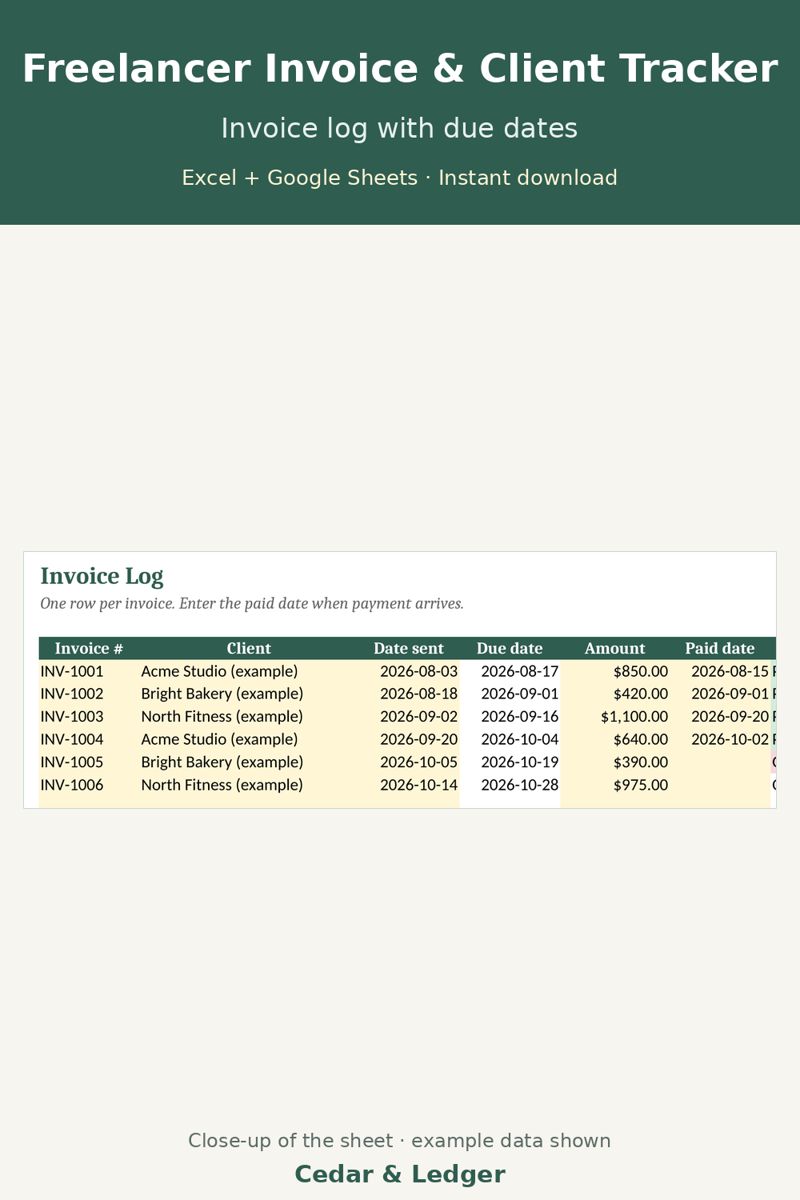 Freelance Invoice Template and Client Payment Tracker Spreadsheet: invoice preview
