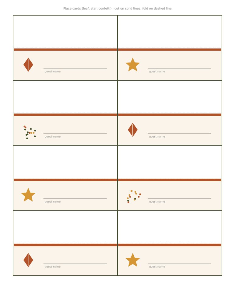 Fold-over Friendsgiving place cards in leaf, star and confetti styles