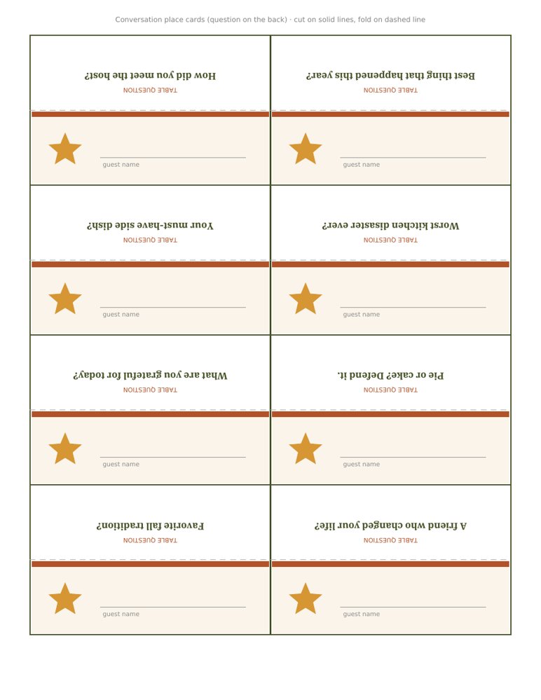 Conversation place cards with a question on the back