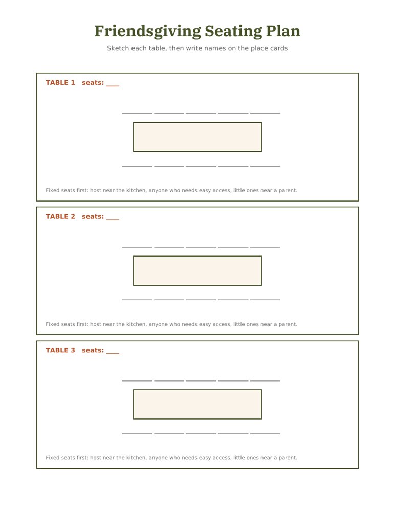 Seating plan sheet for up to 3 tables