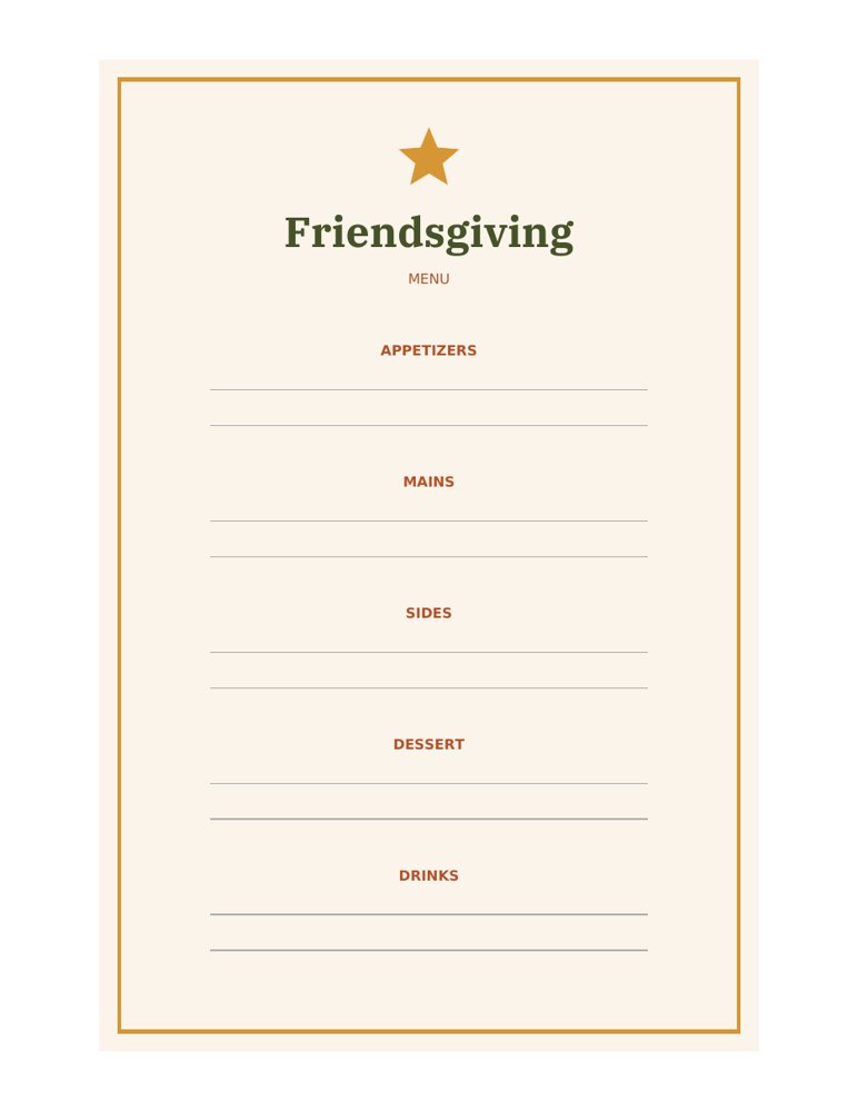 Friendsgiving Place Cards Printable: menu preview