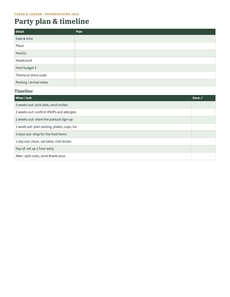 Friendsgiving Planner & Potluck Sign-Up 2026: plan preview