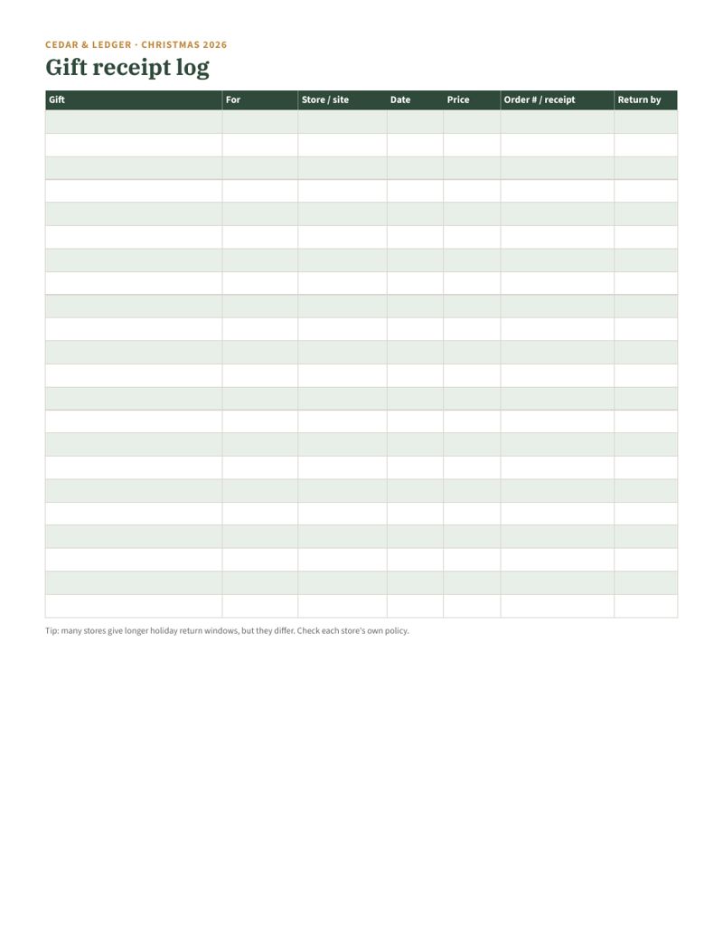 Gift Receipts, Returns & Thank-You Tracker: receipt log preview