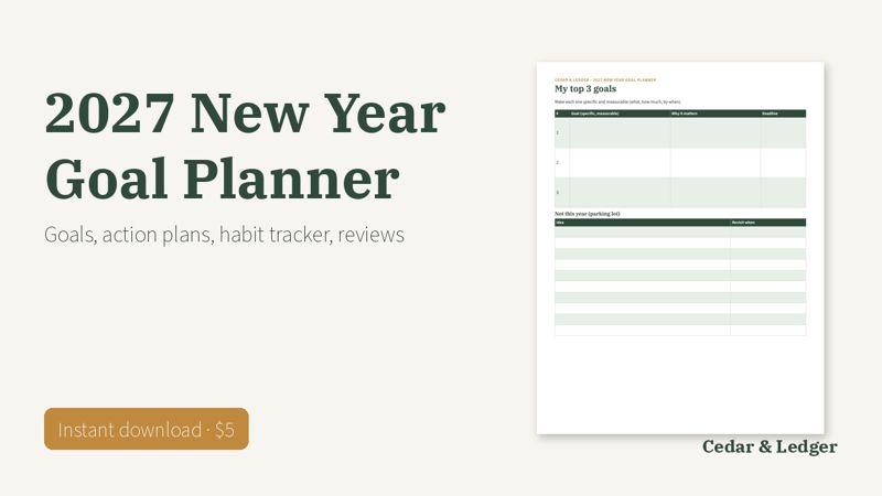2027 Goal Planner Printable for New Year Goals and Habits preview (example data)