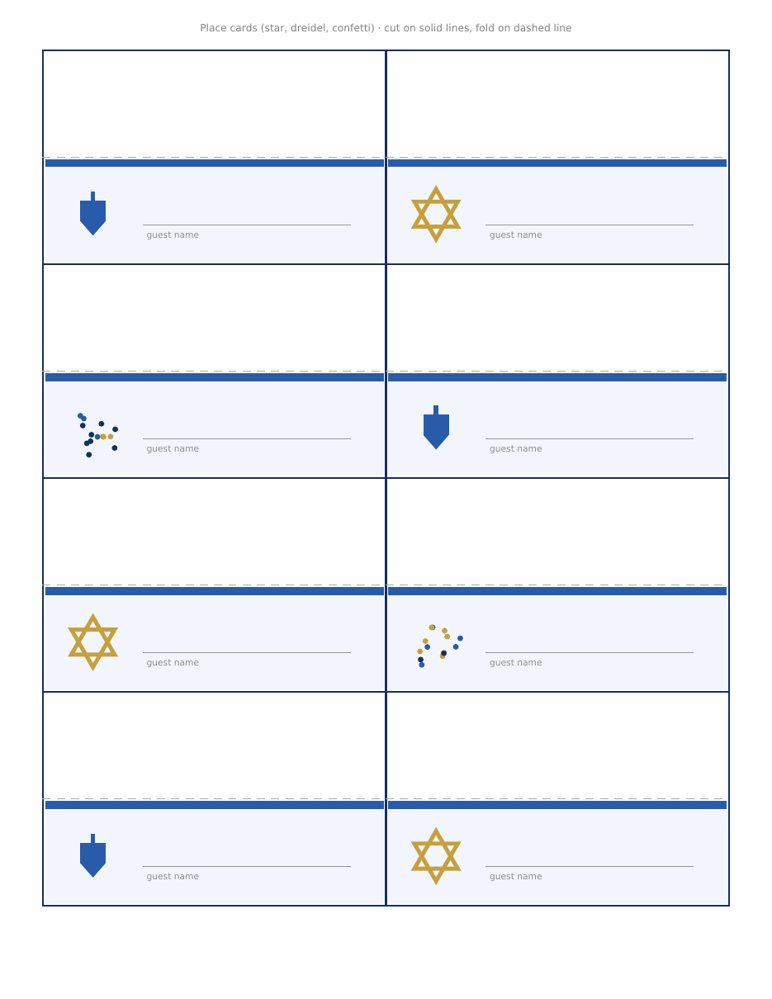 Fold-over Hanukkah place cards in Star of David, dreidel and confetti styles