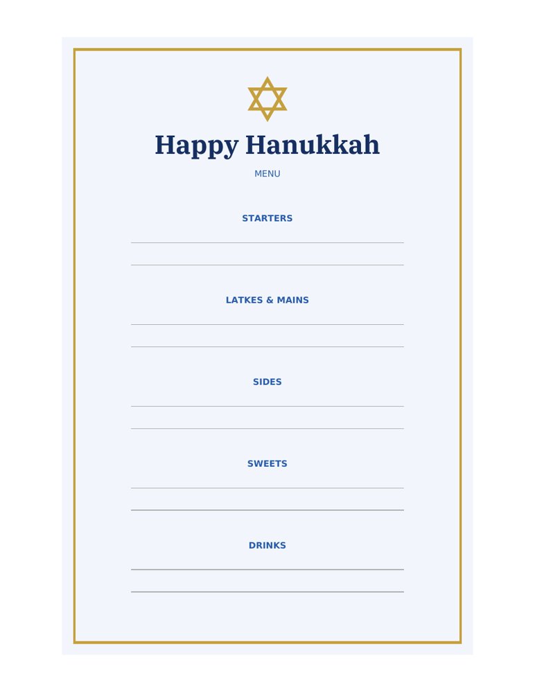 Hanukkah Place Cards Printable: menu preview