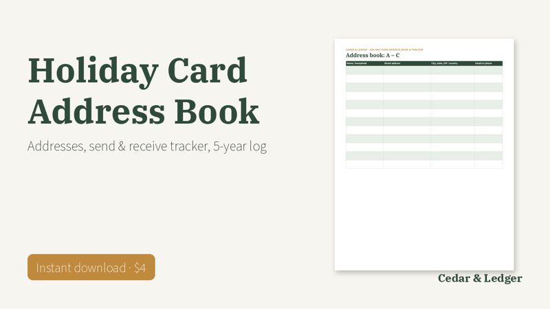 Christmas Card Address Book and Tracker (Printable) preview (example data)