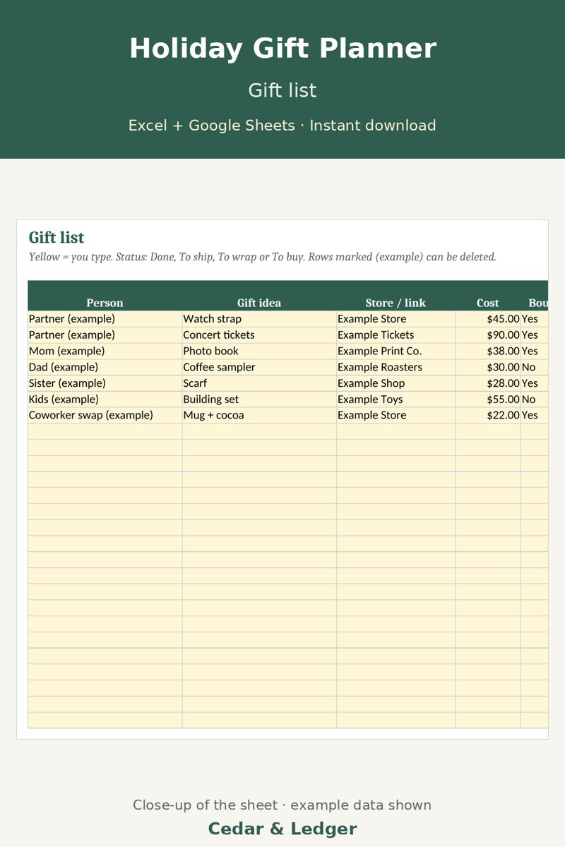 Christmas Budget Spreadsheet and Gift List Tracker: gifts preview