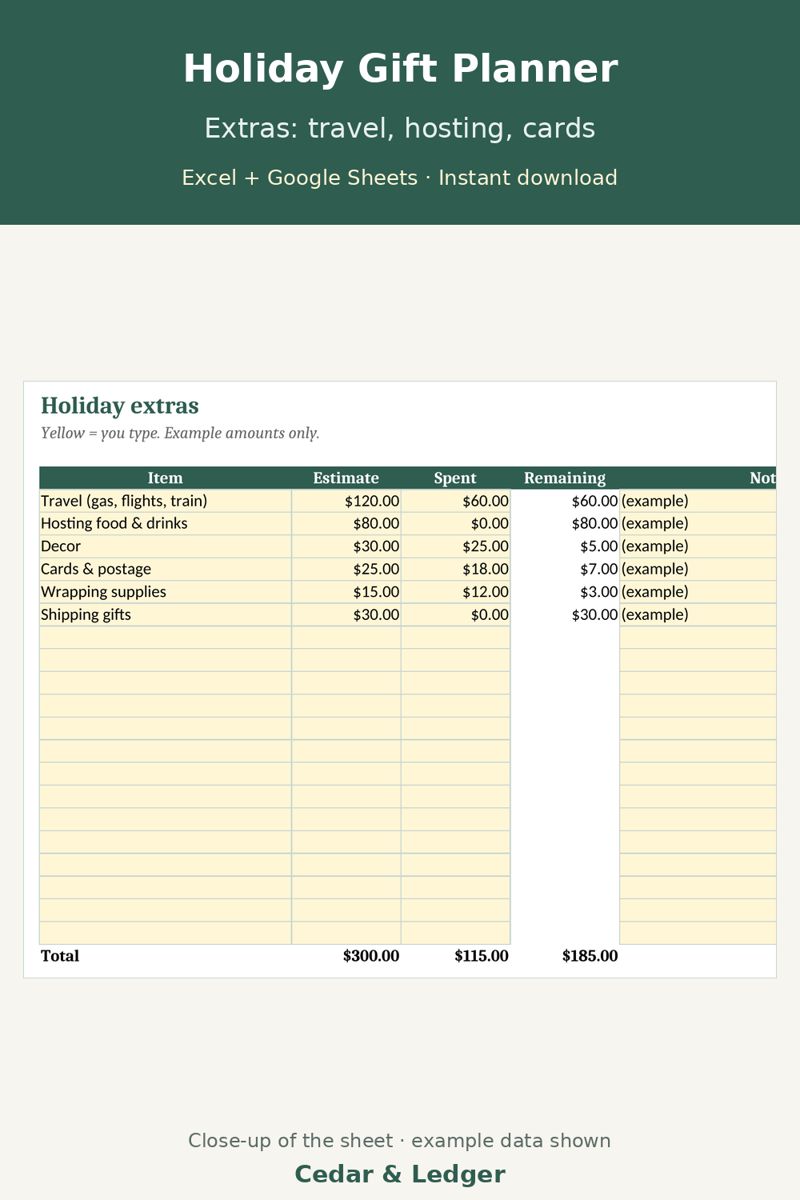 Christmas Budget Spreadsheet and Gift List Tracker: extras preview