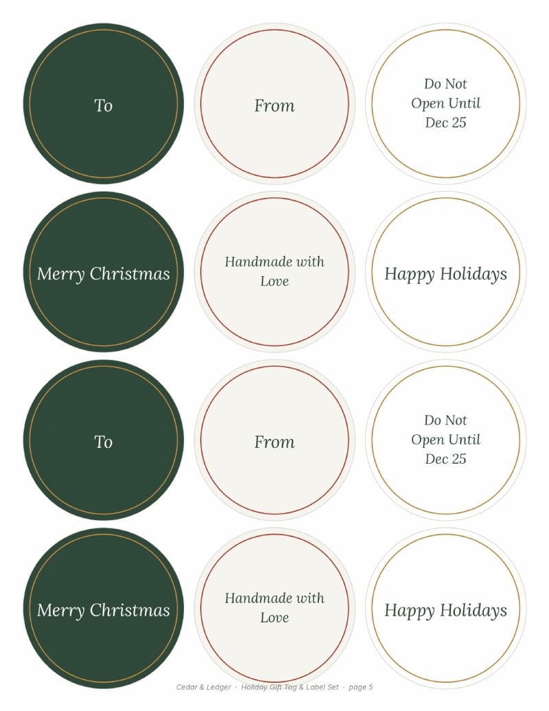 Printable Christmas Gift Tags and Labels (2026 Set): Round labels preview