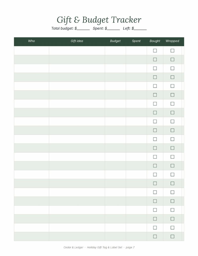 Printable Christmas Gift Tags and Labels (2026 Set): Gift and budget tracker preview