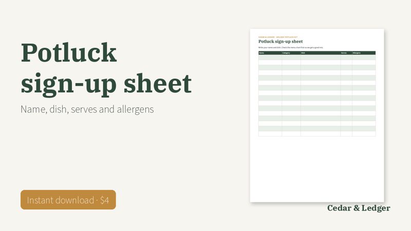 Holiday Potluck Kit: signup preview