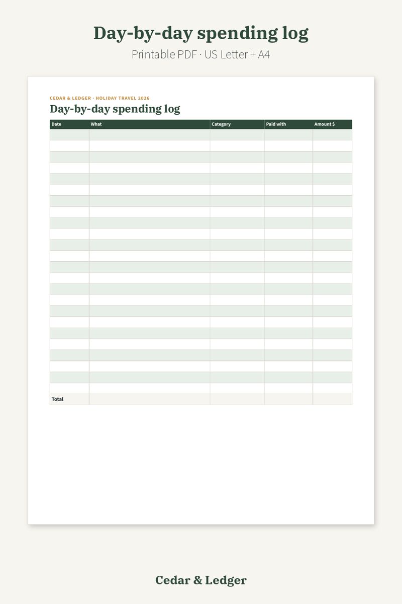 Holiday Travel Budget Planner 2026 Printable: Day-by-day spending log preview