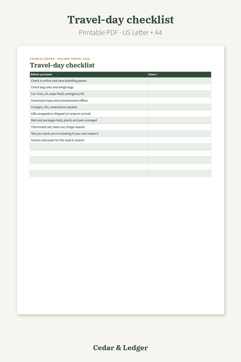 Holiday Travel Budget Planner 2026 Printable: Travel-day checklist preview