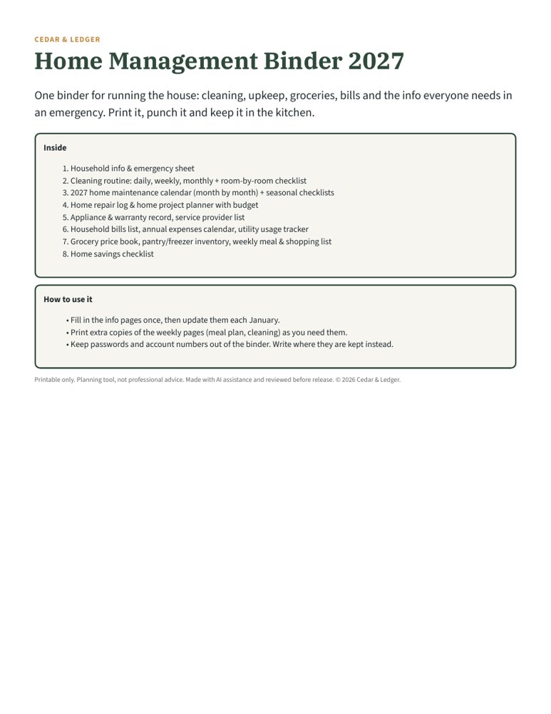 Home Management Binder 2027: inside preview