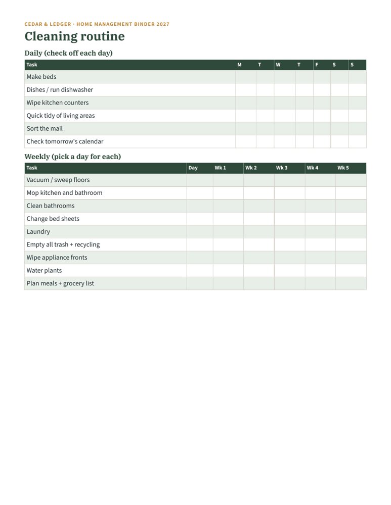 Cleaning routine page