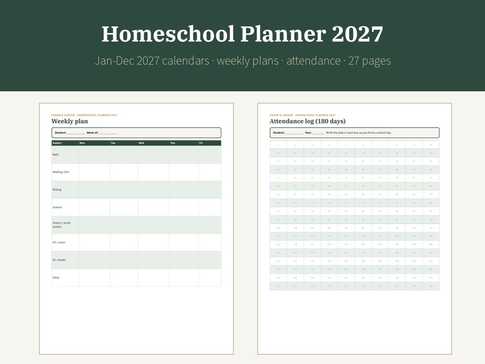 Homeschool Planner 2027: student info preview