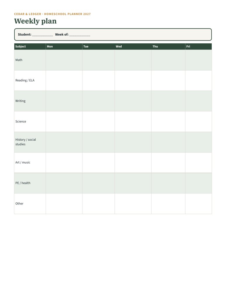 Homeschool Planner 2027: weekly plan preview