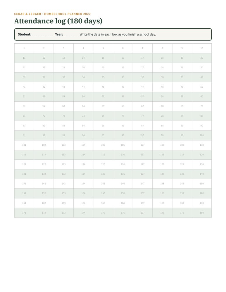 Homeschool Planner 2027: attendance 180 preview