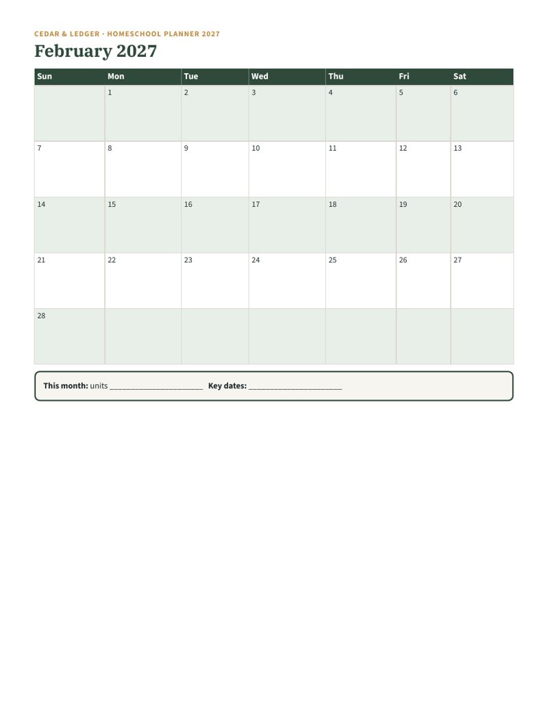 Homeschool Planner 2027: february preview