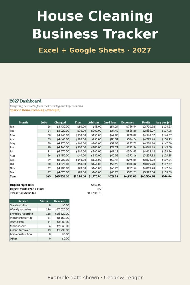2027 House Cleaning Business Tracker: dashboard preview
