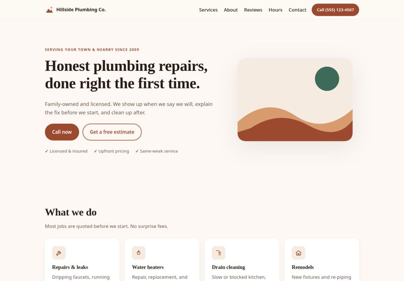 Local Business Website Template – One Page HTML/CSS, Responsive, No Code Builder: desktop clay preview