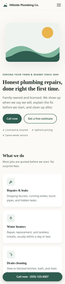 Local Business Website Template – One Page HTML/CSS, Responsive, No Code Builder: mobile sage preview